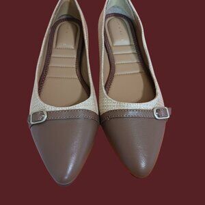 Kelly & Kattie Woven Texture Ballet Flats W/ Buckle Accent Beige/Brown Size8.5